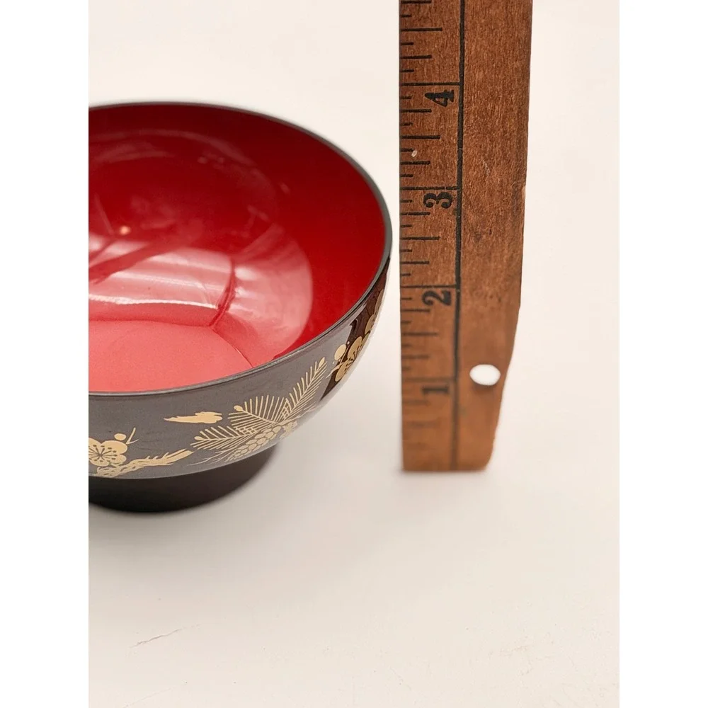 Japanese Lacquerware Miso Soup Bowl Red Gold Floral Pine Branch Design 4.75in